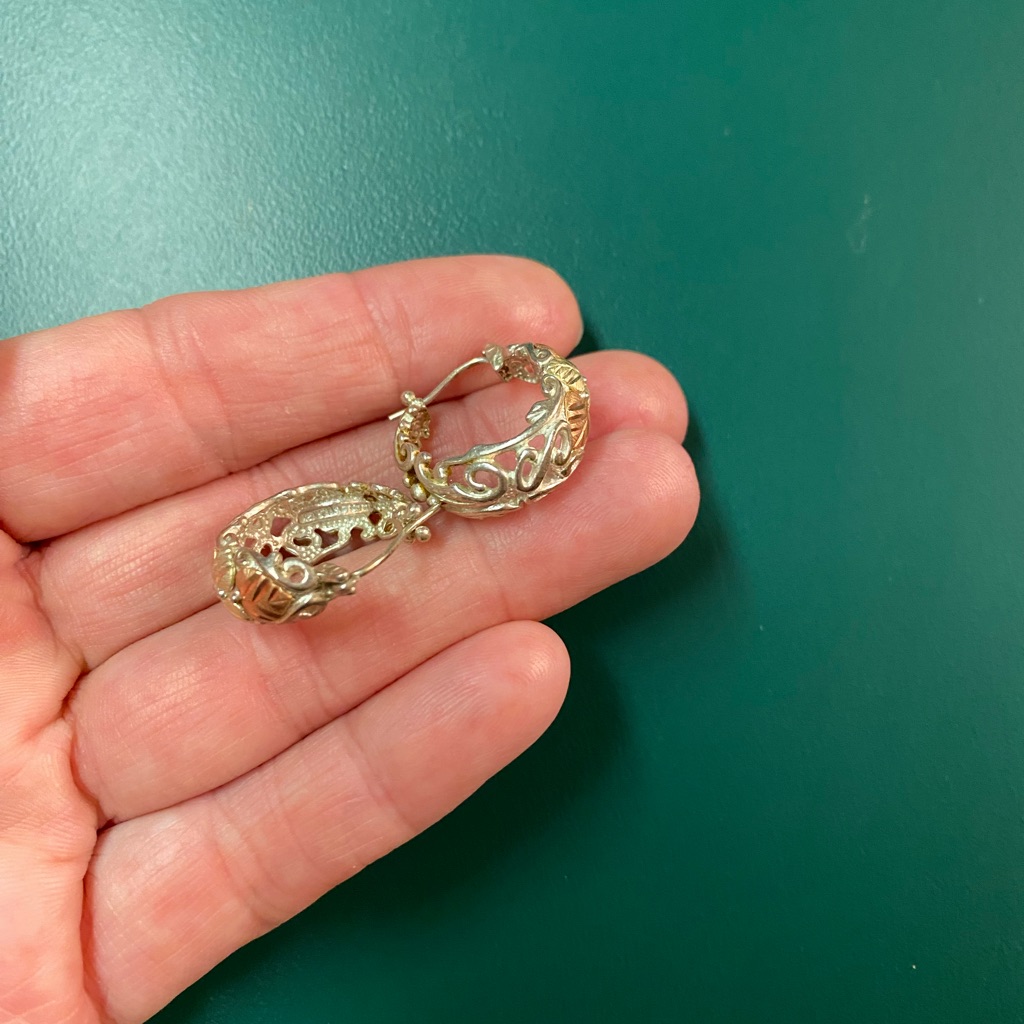 Intricate Silver And Black Hills Gold Filigree Hoop Earrings